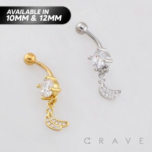 DANGLE SPARKLING MULTI CZ BANANA CHARM BELLY BUTTON NAVEL RING 316L SURGICAL STEEL